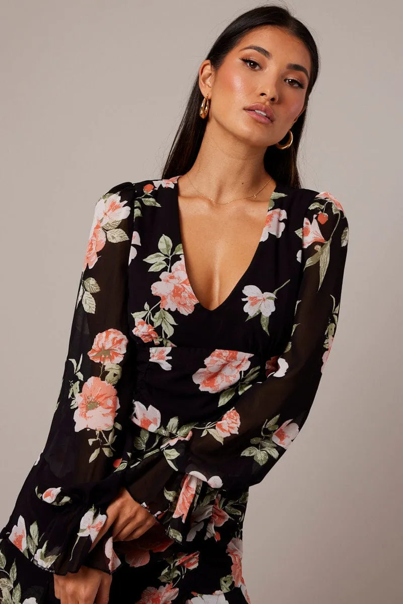 Black Floral Ruffle Dress Long Sleeve Flared Cuff Mini Dress sold by Ally Fashion product image thumbnail 2