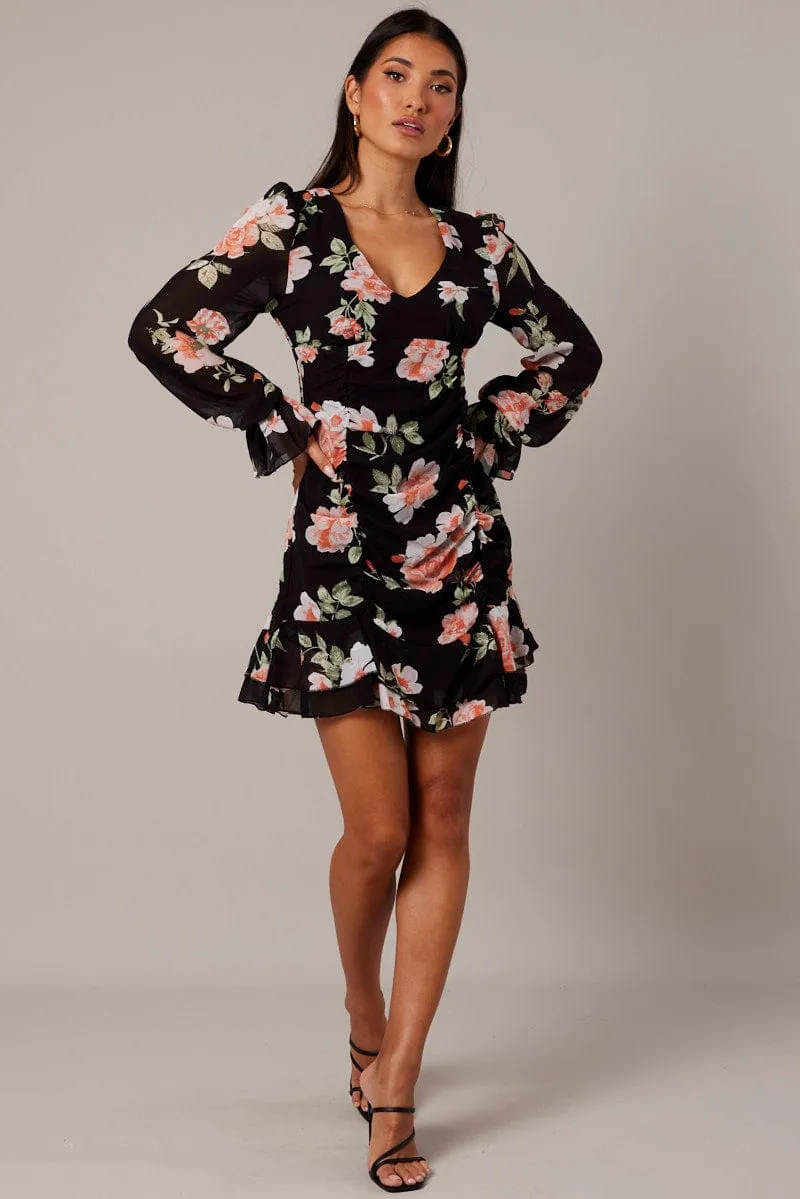 Black Floral Ruffle Dress Long Sleeve Flared Cuff Mini Dress sold by Ally Fashion product image thumbnail 3