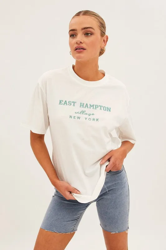 White Embroided Crew Neck Short Sleeve T Shirt sold by Ally Fashion