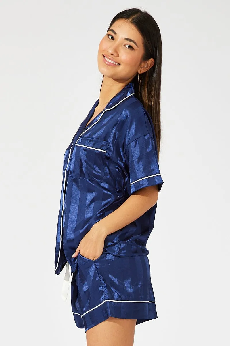 Blue Stripe Satin Stripe Pj Contrast Piping Pyjama Set sold by Ally Fashion product image thumbnail 4