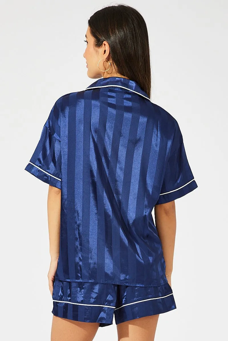 Blue Stripe Satin Stripe Pj Contrast Piping Pyjama Set sold by Ally Fashion product image thumbnail 5