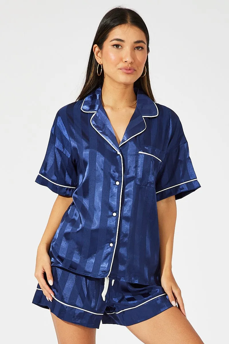 Blue Stripe Satin Stripe Pj Contrast Piping Pyjama Set sold by Ally Fashion product image thumbnail 3