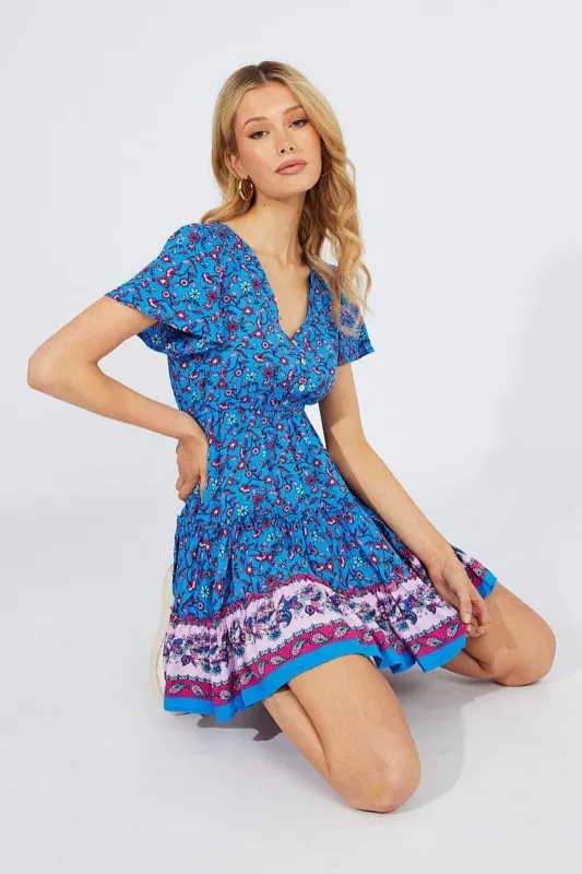 Blue Boho Fit And Flare Dress V-neck Mini sold by Ally Fashion