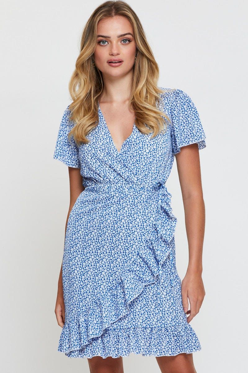 Print Wrap Dress Short Sleeve V Neck sold by Ally Fashion