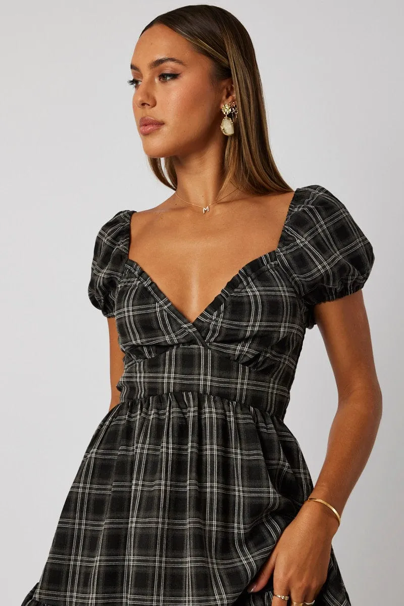 Black Check Fit And Flare Dress Puff Sleeve sold by Ally Fashion product image thumbnail 3