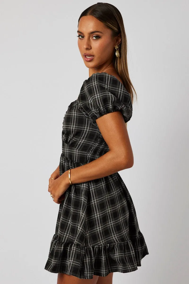 Black Check Fit And Flare Dress Puff Sleeve sold by Ally Fashion product image thumbnail 4
