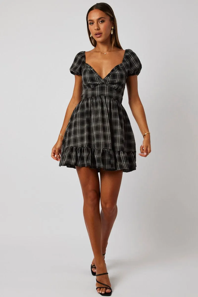 Black Check Fit And Flare Dress Puff Sleeve sold by Ally Fashion product image thumbnail 2