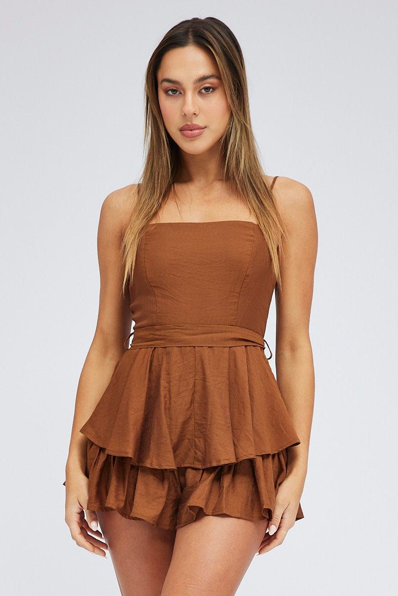 Brown Ruffle Playsuit Sleeveless sold by Ally Fashion product image thumbnail 3