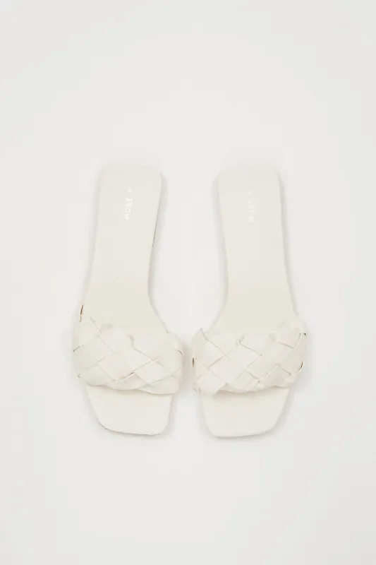 White Marissa Woven Faux Leather Mule Slide Sandal sold by Ally Fashion
