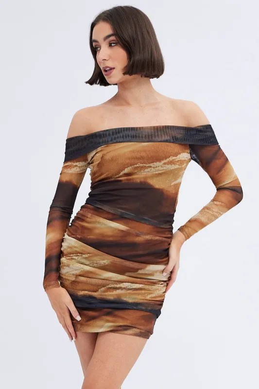 Brown Abstract Mini Dress Bardot Off Shoulder Bodycon Ruched sold by Ally Fashion