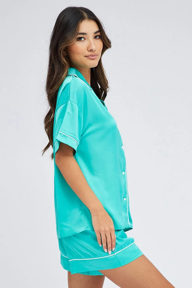 Green Pyjama Set Short Sleeve Satin White Piping PJ sold by Ally Fashion product image thumbnail 4