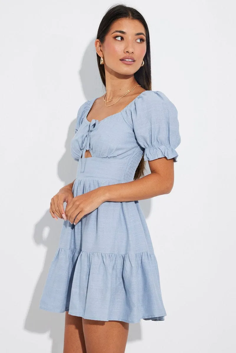 Blue Fit and Flare Dress Short Sleeve Linen Blend sold by Ally Fashion product image thumbnail 4