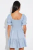 Blue Fit and Flare Dress Short Sleeve Linen Blend sold by Ally Fashion
