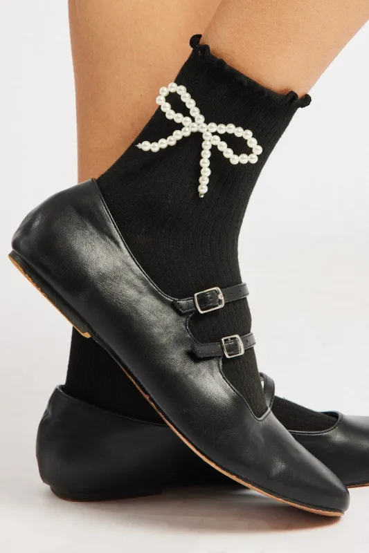 Black Frill Socks with Pearl Bow sold by Ally Fashion