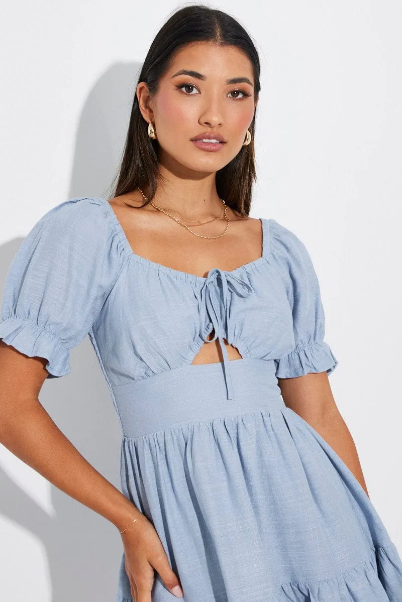 Blue Fit and Flare Dress Short Sleeve Linen Blend sold by Ally Fashion product image thumbnail 3