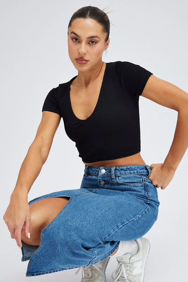 Black T Shirt Short Sleeve V Neck Seamless sold by Ally Fashion