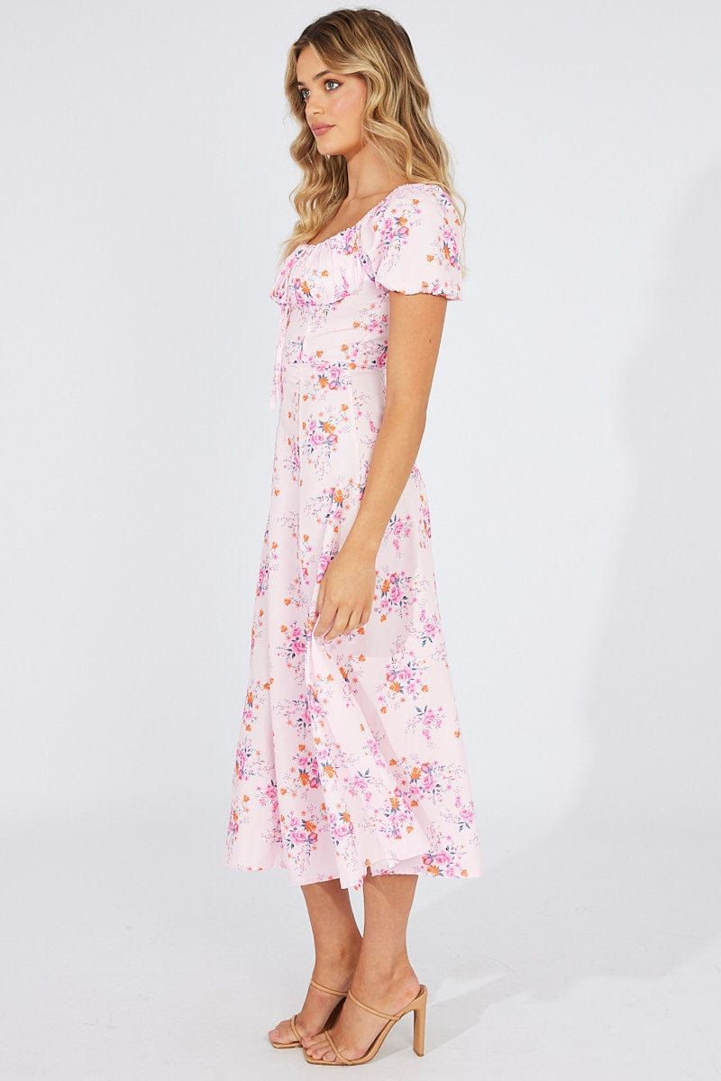 Pink Floral Ruched Bust Midi Dress Short Sleeve sold by Ally Fashion product image thumbnail 4