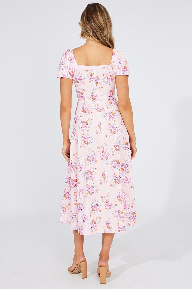 Pink Floral Ruched Bust Midi Dress Short Sleeve sold by Ally Fashion product image thumbnail 5