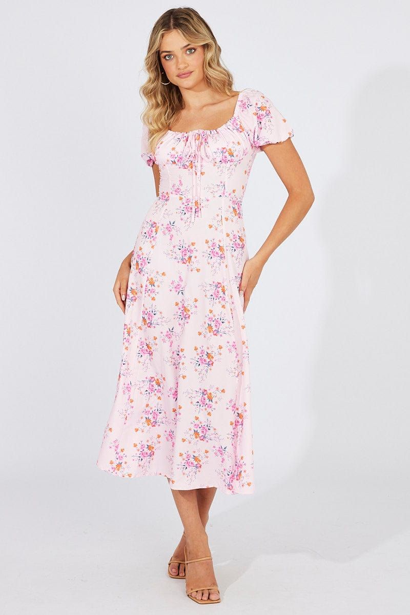 Pink Floral Ruched Bust Midi Dress Short Sleeve sold by Ally Fashion product image thumbnail 2