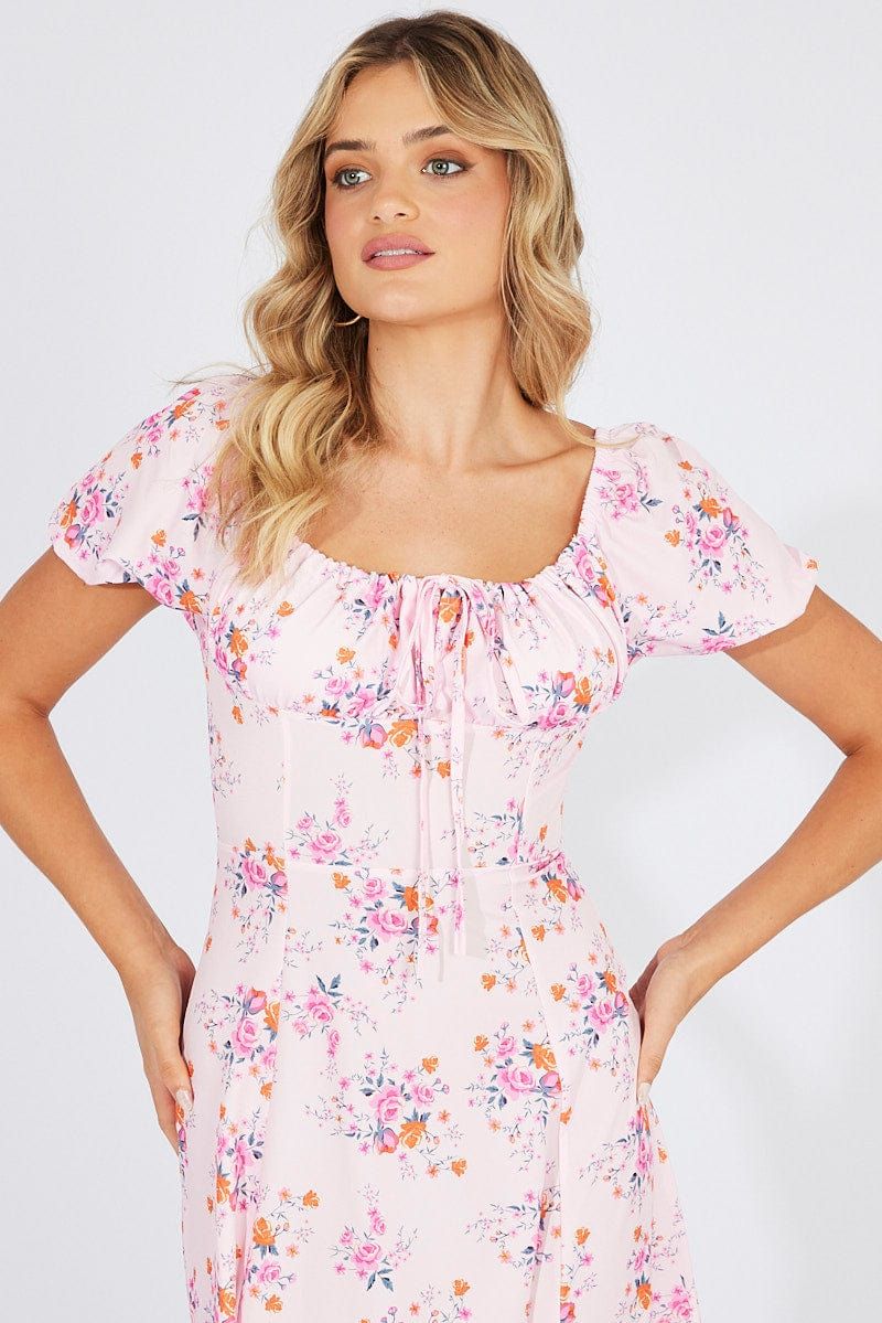 Pink Floral Ruched Bust Midi Dress Short Sleeve sold by Ally Fashion product image thumbnail 3