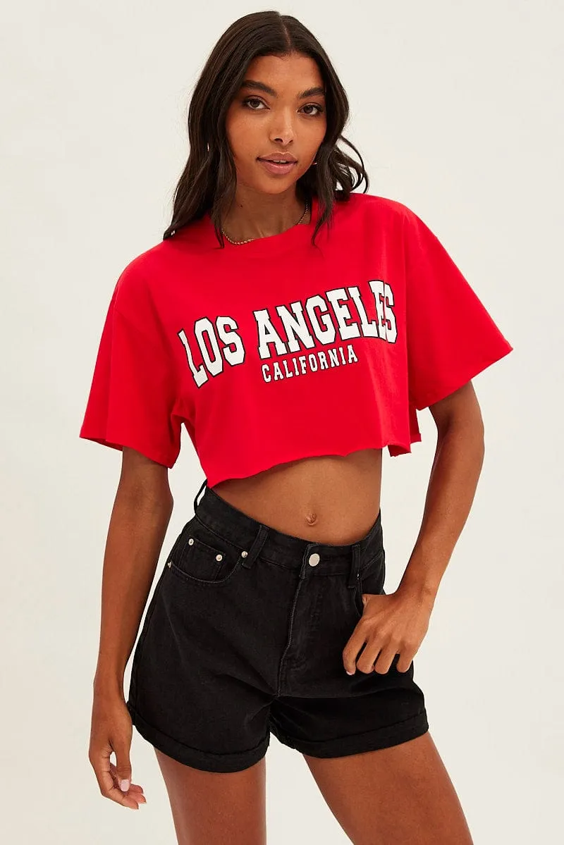 Red Los Angeles Crop Tee Short Sleeve Crew Neck sold by Ally Fashion product image thumbnail 3