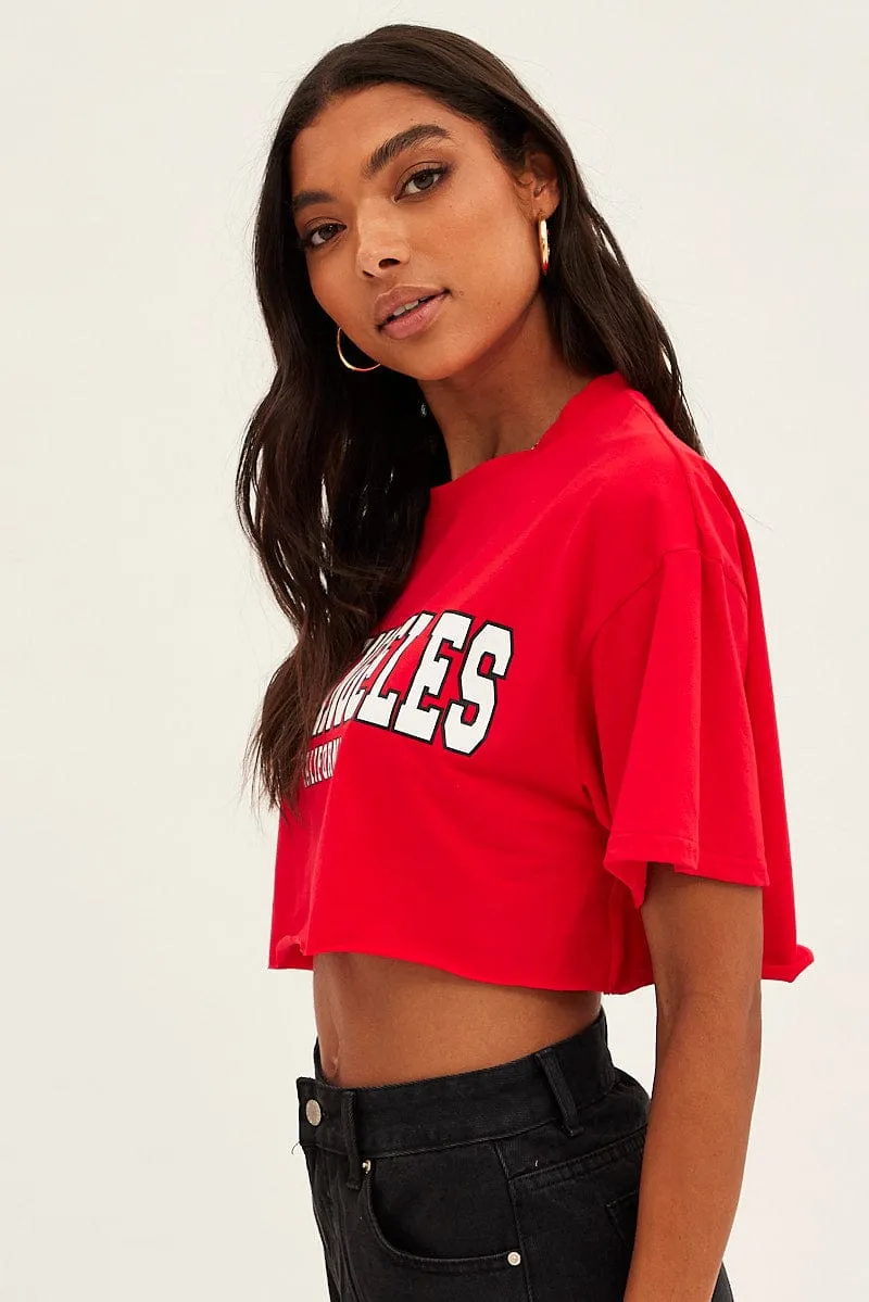Red Los Angeles Crop Tee Short Sleeve Crew Neck sold by Ally Fashion product image thumbnail 4