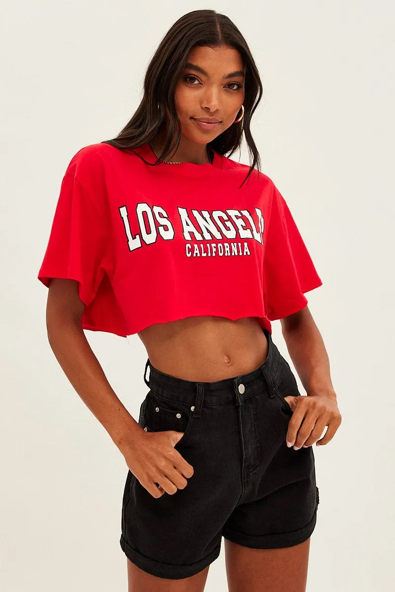 Red Los Angeles Crop Tee Short Sleeve Crew Neck sold by Ally Fashion
