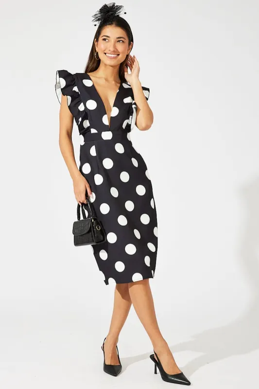 Black Polka Dot Midi Dress Plunge Ruffle Shoulder Oversized Polka sold by Ally Fashion