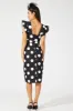 Black Polka Dot Midi Dress Plunge Ruffle Shoulder Oversized Polka sold by Ally Fashion