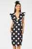 Black Polka Dot Midi Dress Plunge Ruffle Shoulder Oversized Polka sold by Ally Fashion