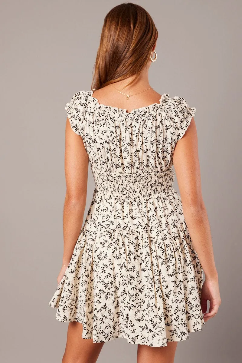 Beige Ditsy Fit And Flare Dress Puff Sleeve sold by Ally Fashion product image thumbnail 5