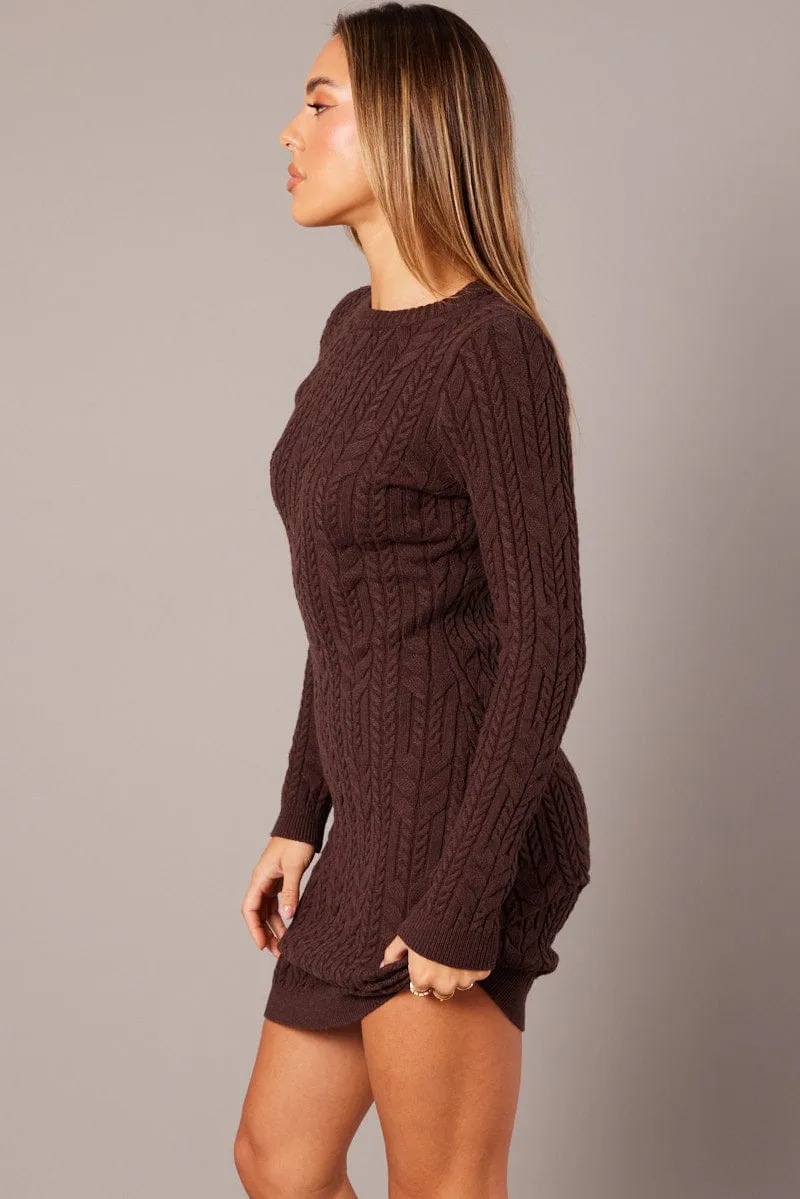 Brown Knit Dress Long Sleeve Cable Mini sold by Ally Fashion product image thumbnail 4