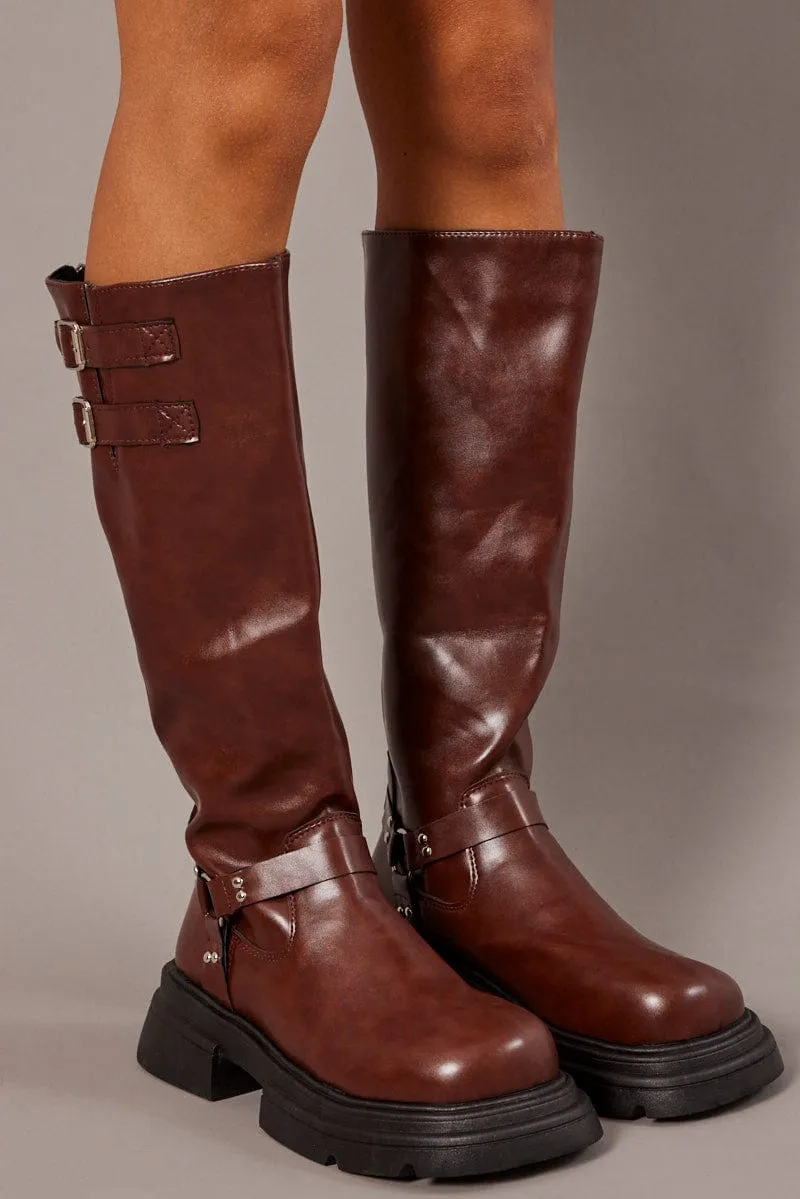 Brown Chunky Knee High Boots Biker Boots sold by Ally Fashion product image thumbnail 2