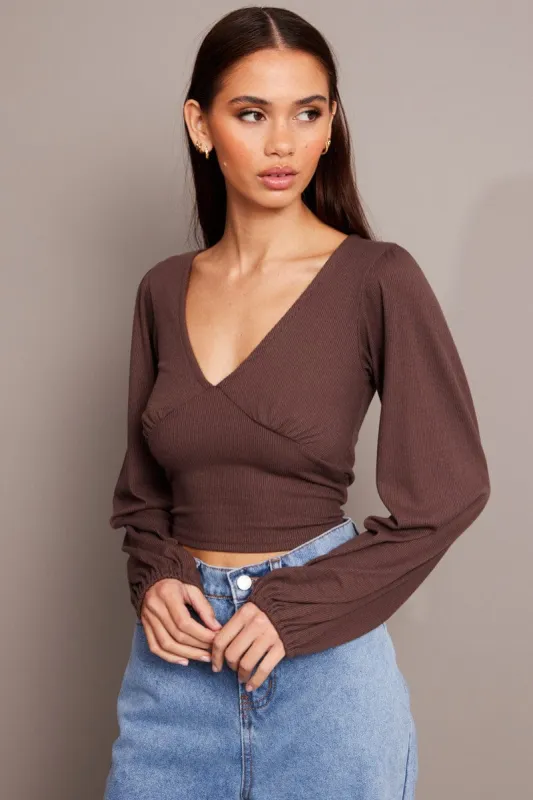 Brown Puff Sleeve Top Long Sleeve V Neck sold by Ally Fashion
