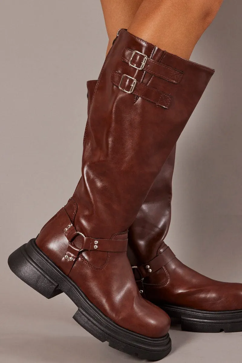 Brown Chunky Knee High Boots Biker Boots sold by Ally Fashion