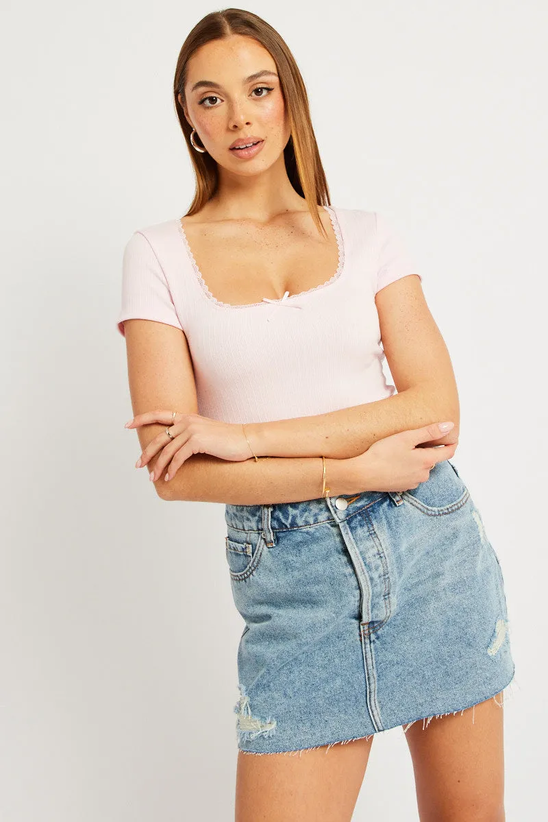 Pink Top Short Sleeve Scoop Neck Lace trim sold by Ally Fashion product image thumbnail 3