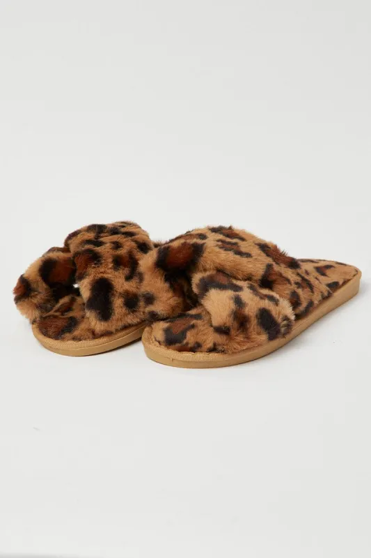 Brown Animal Print Faux Fur Slippers sold by Ally Fashion