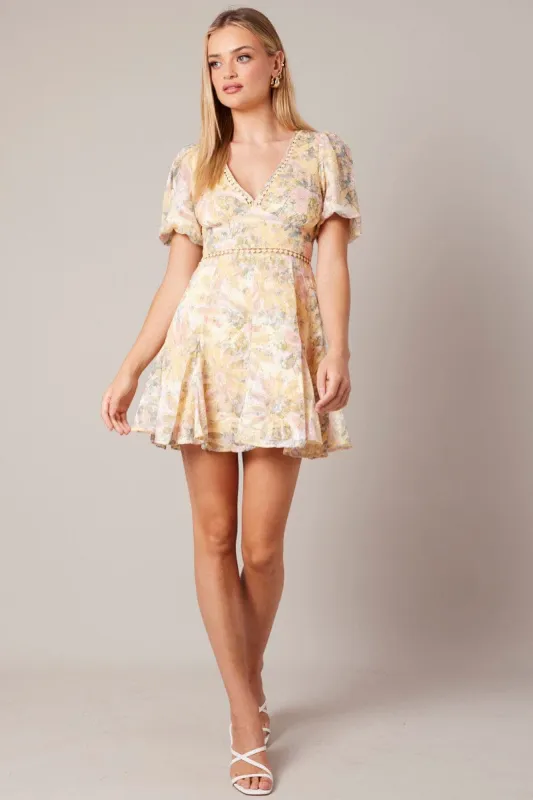 Yellow Floral Fit And Flare Dress Puff Sleeve Mini sold by Ally Fashion