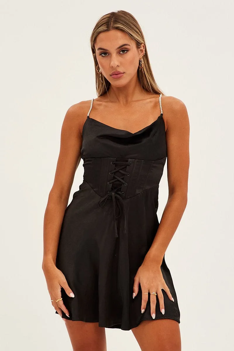 Black Mini Dress Sleeveless Cowl Neck Diamantes Corset sold by Ally Fashion product image thumbnail 3