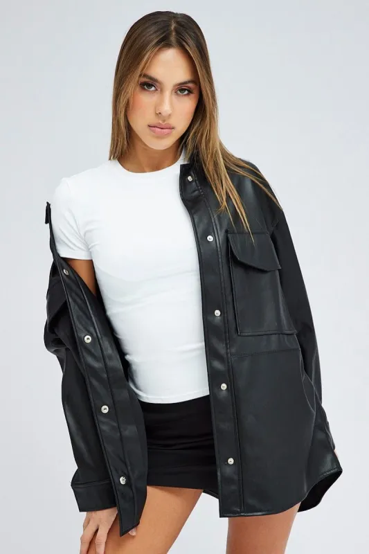 Black Shirt Collar Long Sleeve Faux Leather sold by Ally Fashion