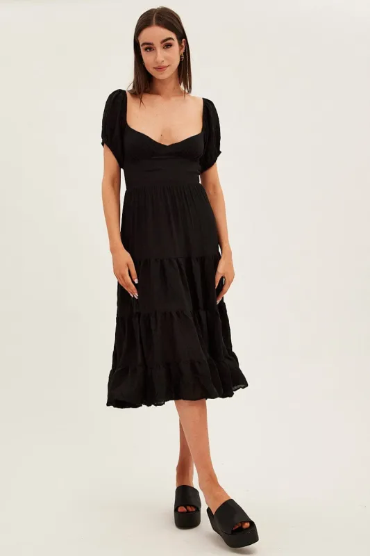 Black Midi Dress Short Sleeve V-Neck sold by Ally Fashion