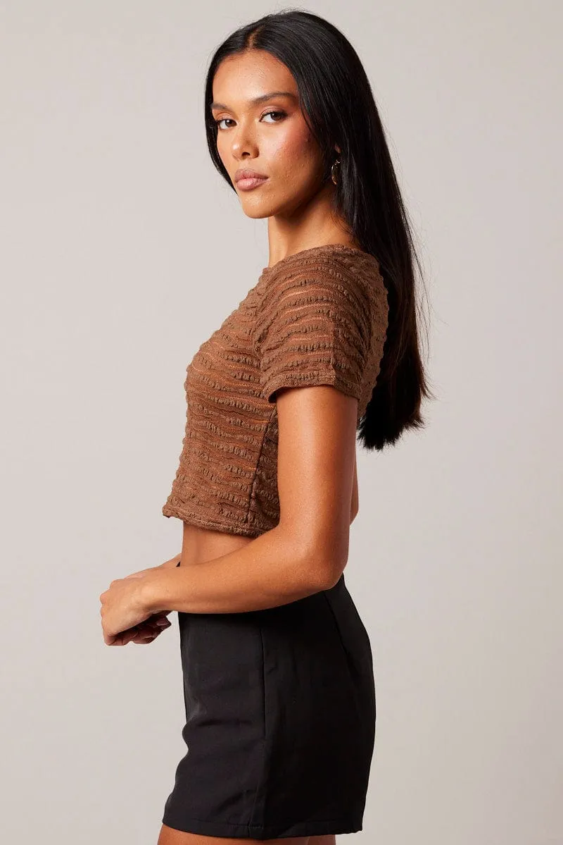 Brown Crop Top Short Sleeve Textured sold by Ally Fashion product image thumbnail 4
