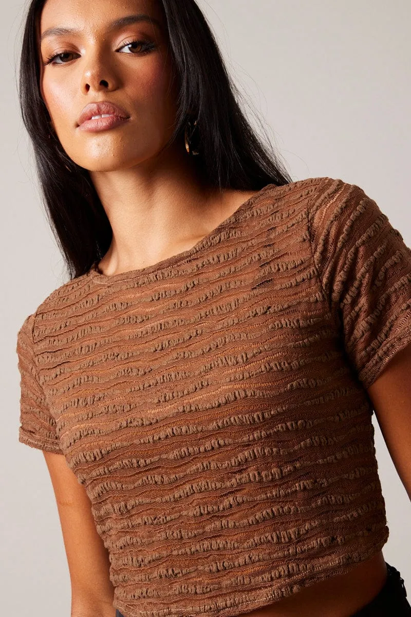 Brown Crop Top Short Sleeve Textured sold by Ally Fashion