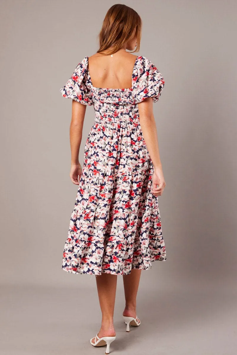 Blue Floral Midi Dress Puff Sleeve Shirred Bust sold by Ally Fashion product image thumbnail 4