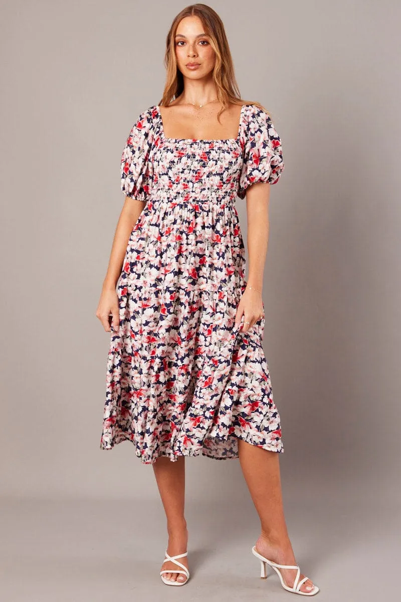 Blue Floral Midi Dress Puff Sleeve Shirred Bust sold by Ally Fashion