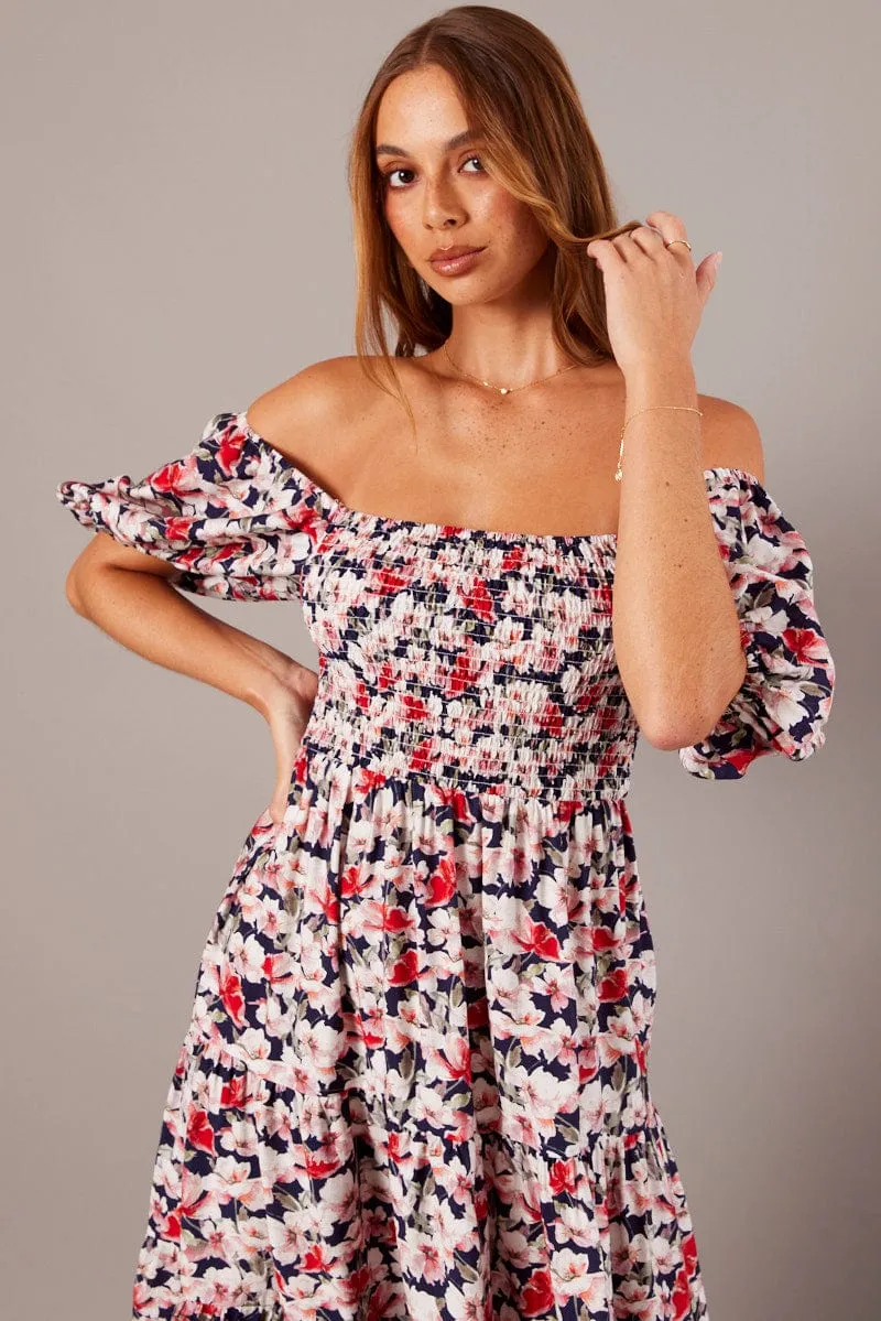 Blue Floral Midi Dress Puff Sleeve Shirred Bust sold by Ally Fashion product image thumbnail 5