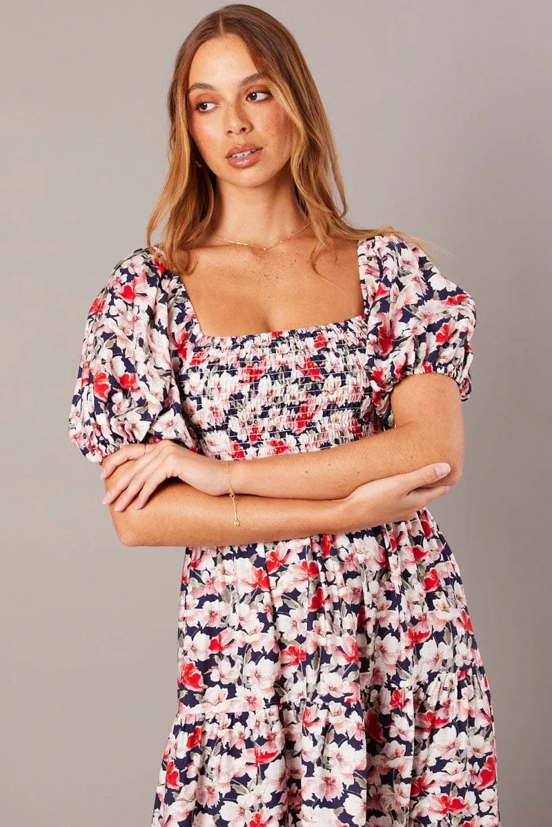 Blue Floral Midi Dress Puff Sleeve Shirred Bust sold by Ally Fashion product image thumbnail 2