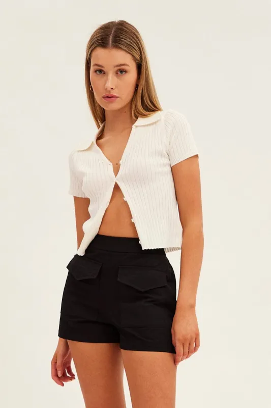 White Collar Knit Crop Cardigan Short Sleeve sold by Ally Fashion