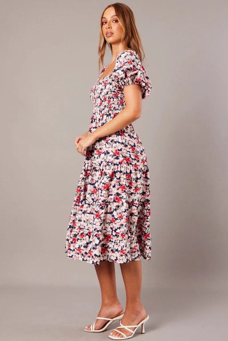 Blue Floral Midi Dress Puff Sleeve Shirred Bust sold by Ally Fashion product image thumbnail 3