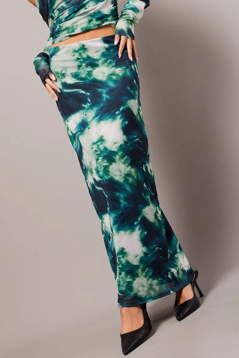 Green Abstract Midi Skirt High Rise Mesh sold by Ally Fashion